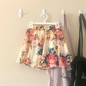EUC Yellow and pink floral print circle/skater miniskirt